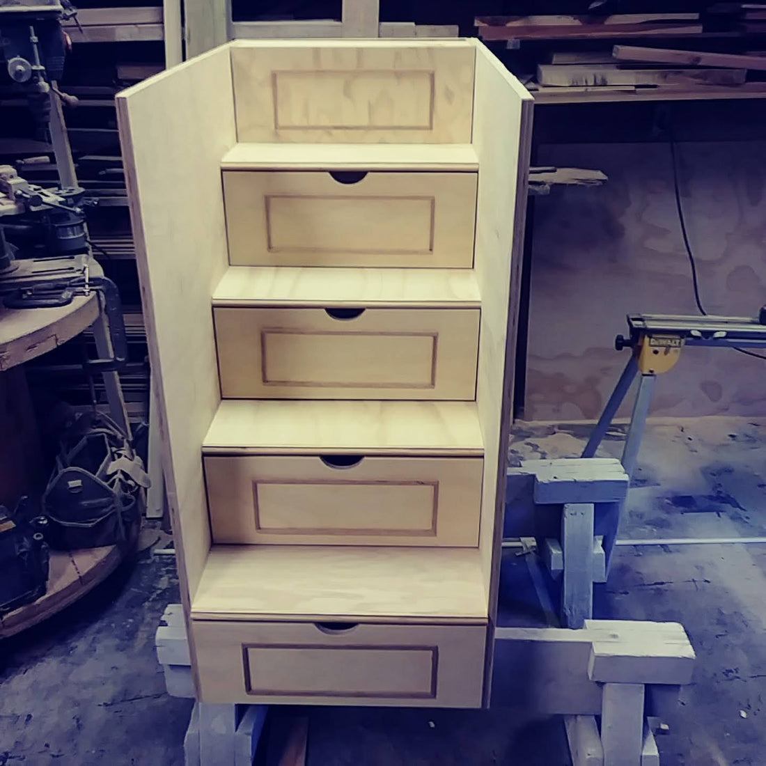 Handcrafted wooden storage staircase in-progress at The Stockton Mill workshop.