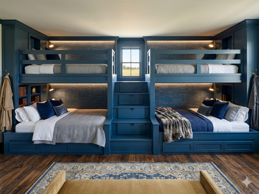 High-end architectural guest suite featuring solid hardwood quad bunks in custom blue paint, built-in seating nook, and professional cabinetry finish—The Frisella Suite by The Stockton Mill.