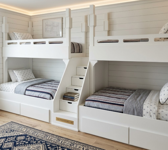 The Original Belmar Quad Bunk design with integrated storage stairs by The Stockton Mill.