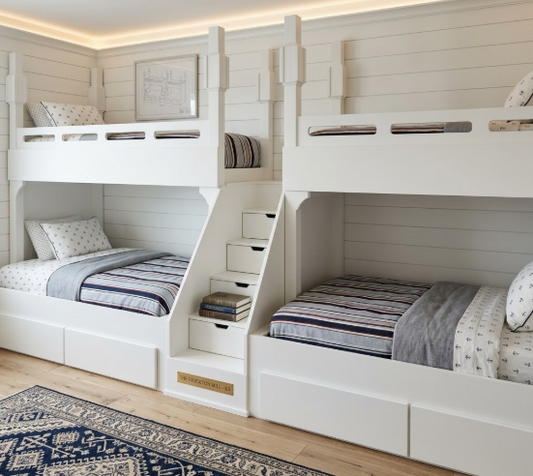 The Original Belmar Quad Bunk design with integrated storage stairs by The Stockton Mill.