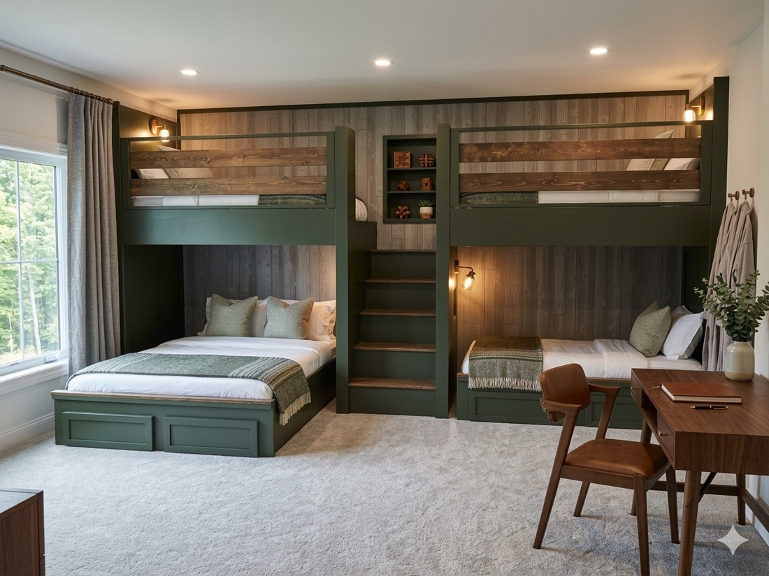 Reversible green quad bunk bed with queen and twin bottom beds by The Stockton Mill.