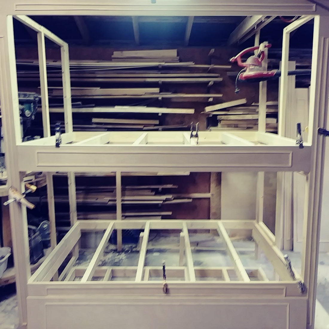 Solid wood trundle bed frame under construction showing heavy-duty support slats at The Stockton Mill.