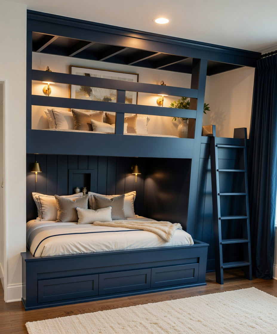 Navy blue bunk bed with storage compartments in a bedroom setting.