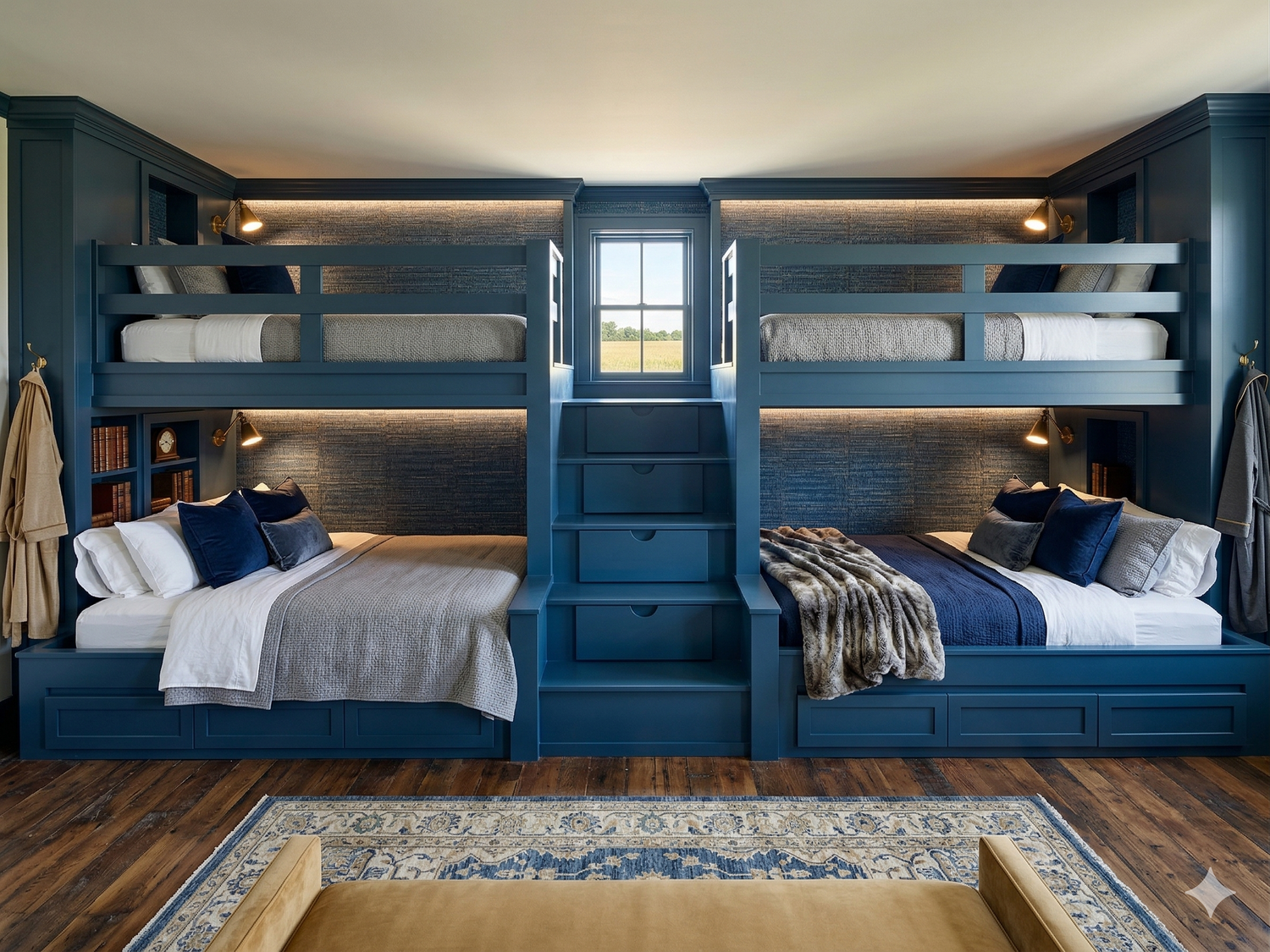 Bespoke Heritage Blue parallel-under quad bunk suite with integrated storage stairs and custom textiles, handcrafted by Terry Stone of The Stockton Mill for a luxury farmhouse retreat.