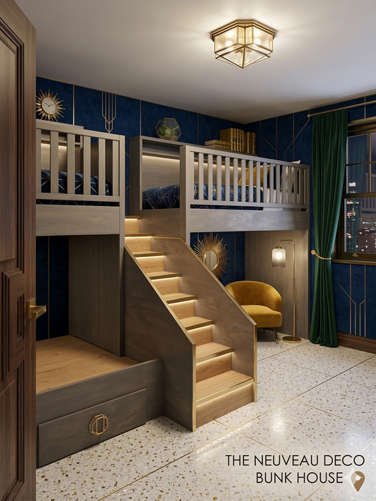 The Nouveau Deco Bespoke Twin XL over Queen Straight Quad Bunk Suite - Professional-Grade Architectural Build