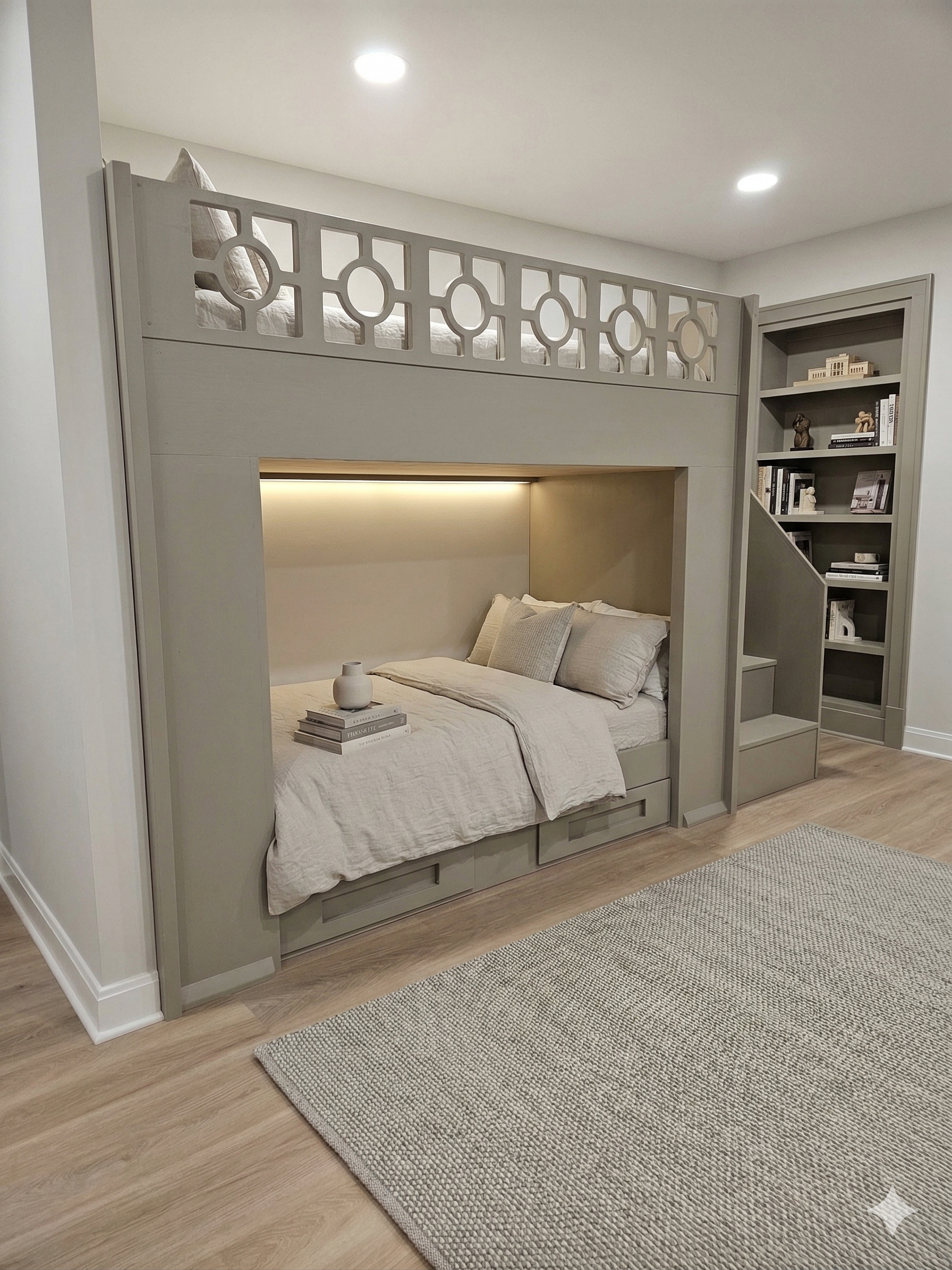 A bespoke architectural Twin XL over Twin XL bunk suite featuring a 1.5-inch solid hardwood face-frame in a hand-applied Greyhawk acrylic finish. The upper bunk is secured by an intricate geometric fretwork safety rail, with a recessed lower bunk area featuring integrated warm LED lighting and a built-in two-drawer dresser base.