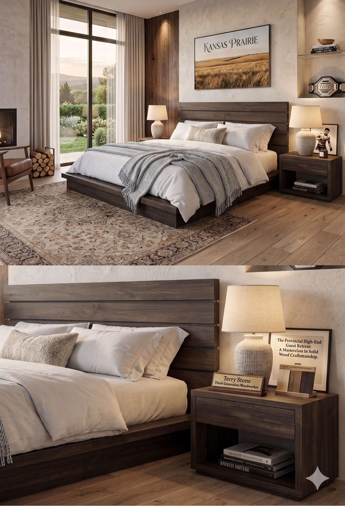 Modern bedroom with wooden furniture, bedding, and decor.