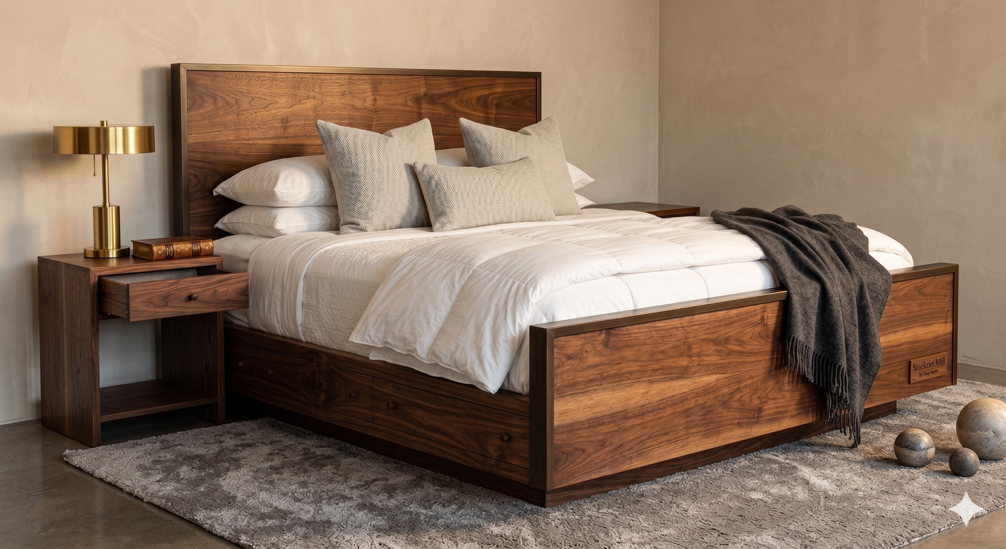 Wooden bed with white bedding in a bedroom setting