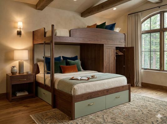High-End Guest Retreat by The Stockton Mill: Modern architectural bunk system with integrated 40-inch studio closet and high-capacity trundle. Features solid hardwood highlights, walnut-stained finish, and sturdy pine/fir structure. 120" x 43" x 64" footprint.