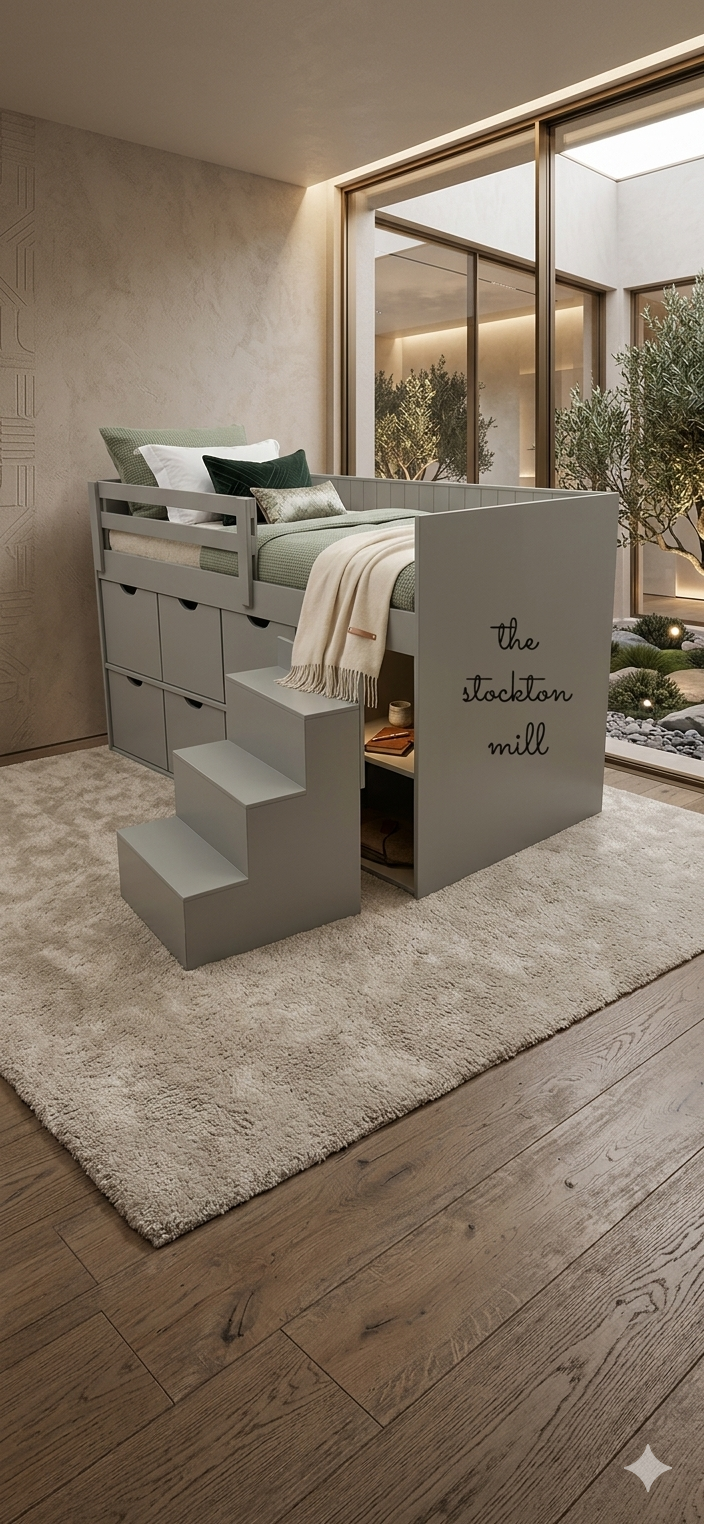 Modern gray storage loft bed for 8ft ceilings with integrated stairs and drawers by The Stockton Mill