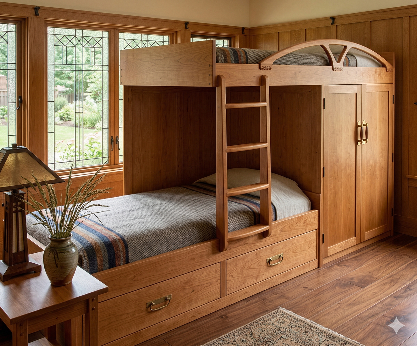 High-End Guest Retreat by The Stockton Mill: Modern architectural bunk system with integrated 40-inch wardrobe closet and bottom trundle. Features solid hardwood highlights, professional cherry-grade finish, and high-capacity all-age rated construction