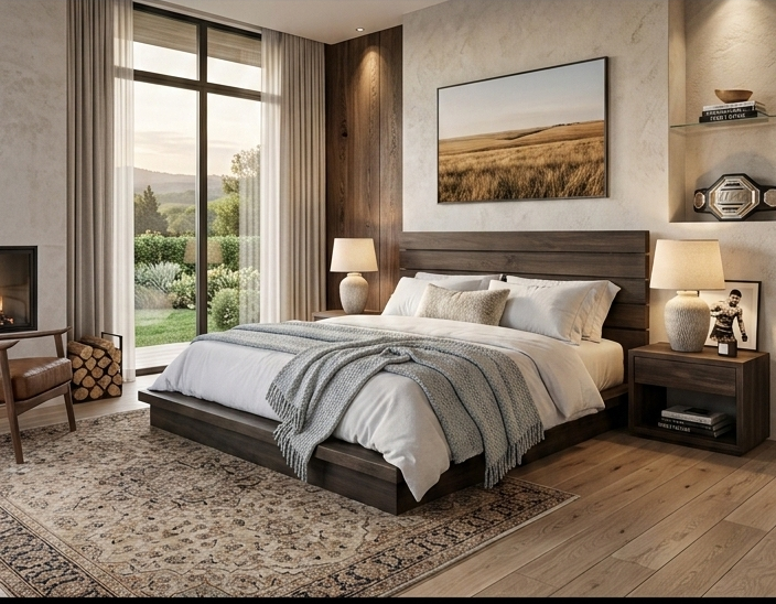 Modern bedroom with a large bed, nightstands, and a painting on the wall.