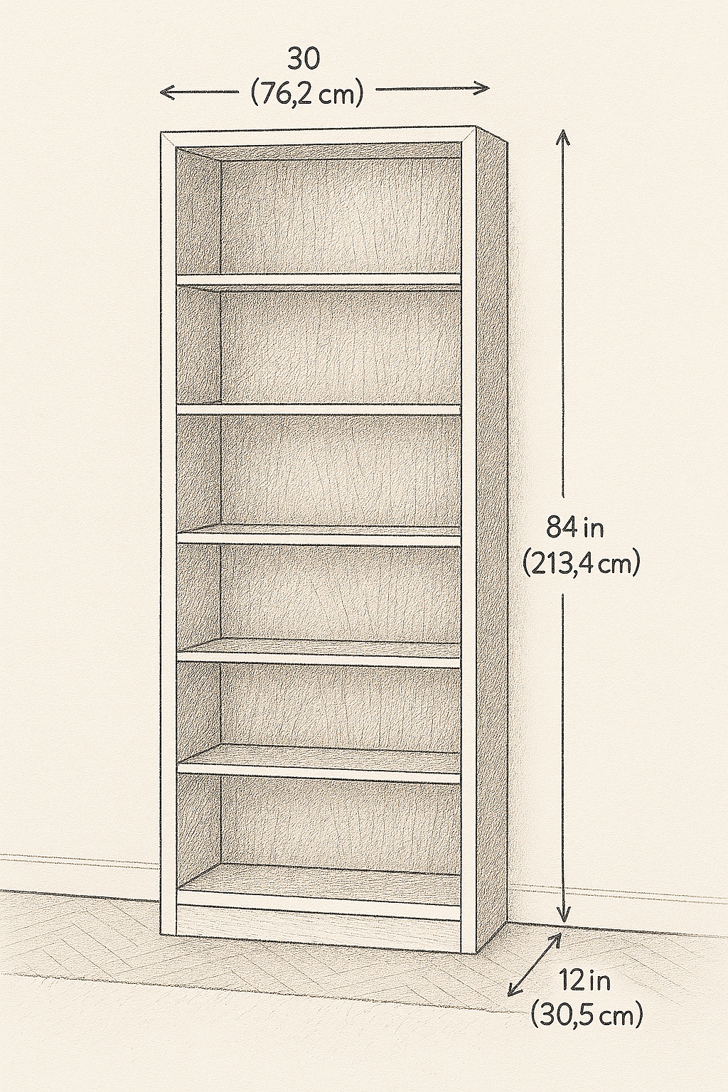 Engineering specifications for 84-inch high custom corner bookcases showing precise L-shape footprint and fixed shelf layout
