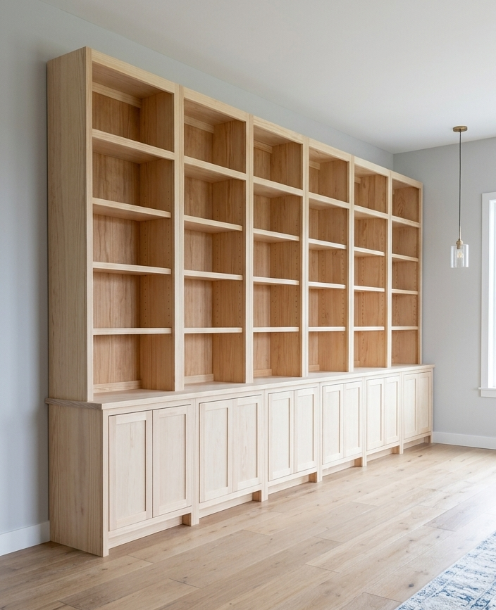A 15-foot wide, grand-scale custom library suite by The Stockton Mill. This professional "Stack-Build" features six 30-inch lower cabinets with 12 solid Shaker-style doors and six high-capacity upper bookcase units. Built at a 105-inch total height for 9-foot ceilings, the units are shown in a high-end unfinished wood with signature natural wood interior backers, providing a premium two-tone contrast.