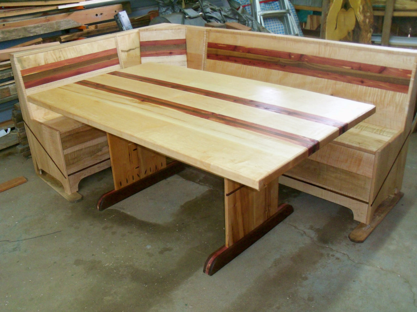 Breakfast nook Dining table and storage bench seating, Hardwood dining table, Trestle table